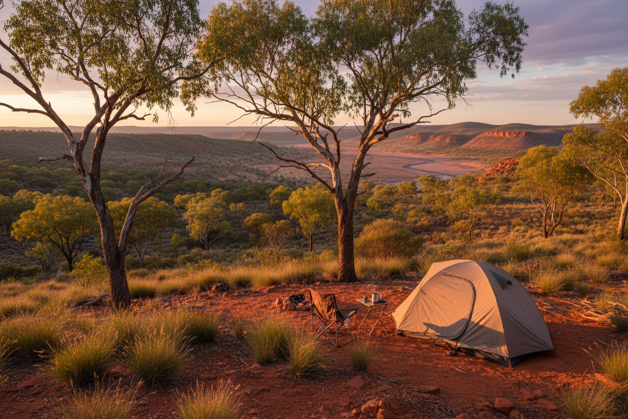 Camping tent in an Australian National Park. Use Leak-Proof bin liners and paper Food Scrap Bags to manage waste and leave no trace while camping.
