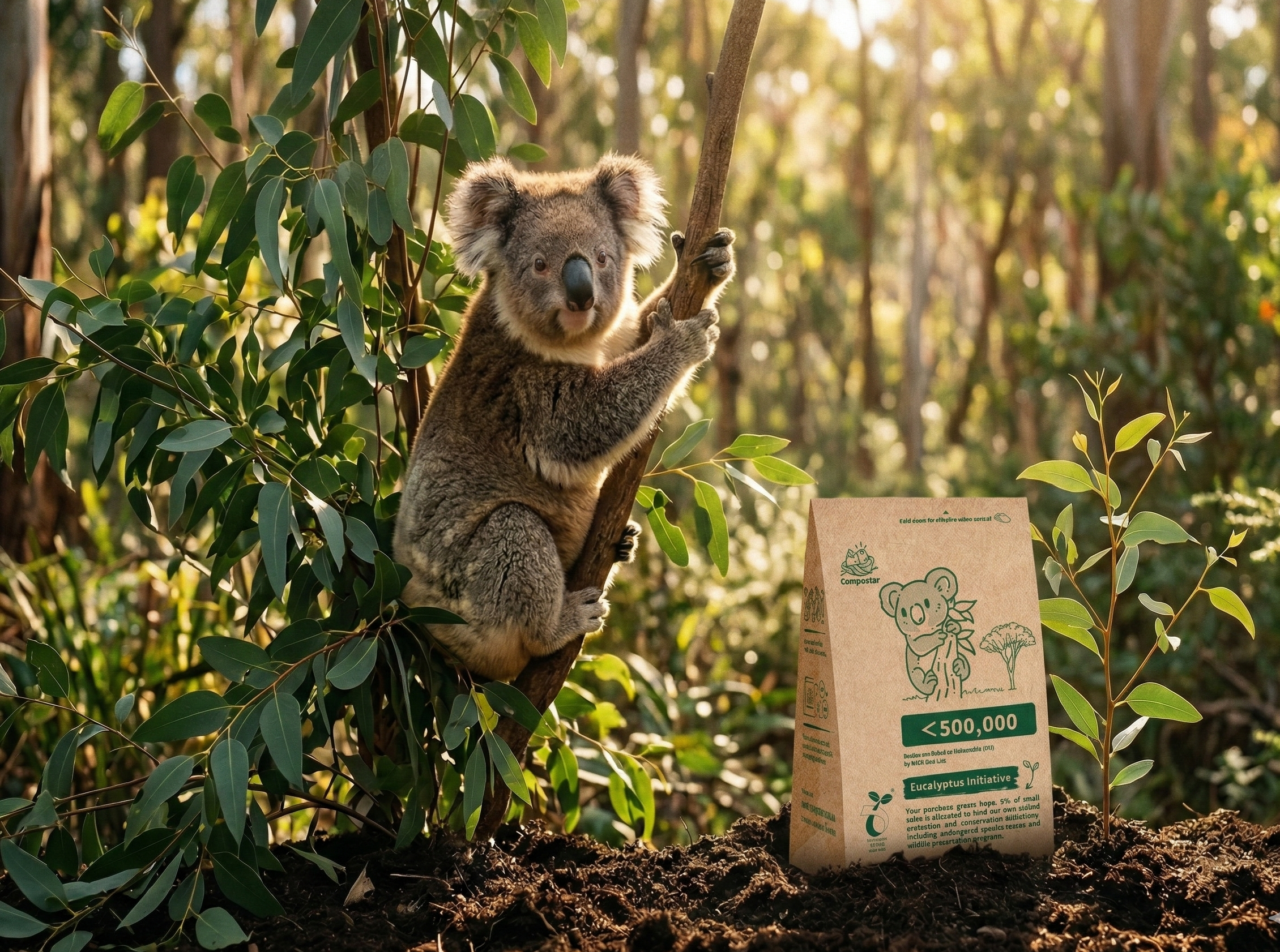 Compostar x Bangalow Koalas Eucalyptus Initiative: A wild koala in a eucalyptus tree next to a Compostar branded compostable paper bag and a growing sapling in a sunlit forest.
