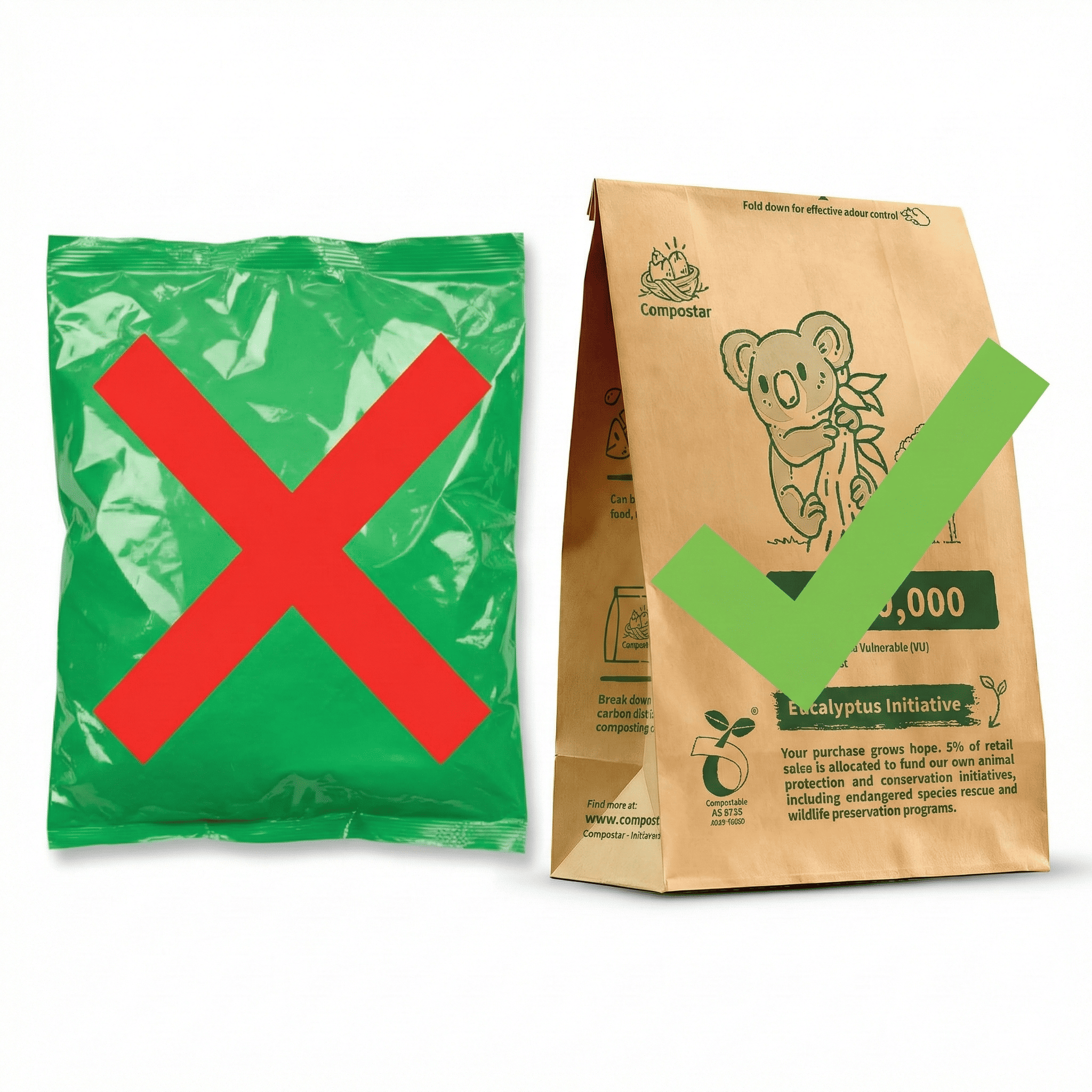 Comparison: Misleading biodegradable eco bin bags with red cross vs certified compostable paper caddy liners for FOGO Bin Liners.