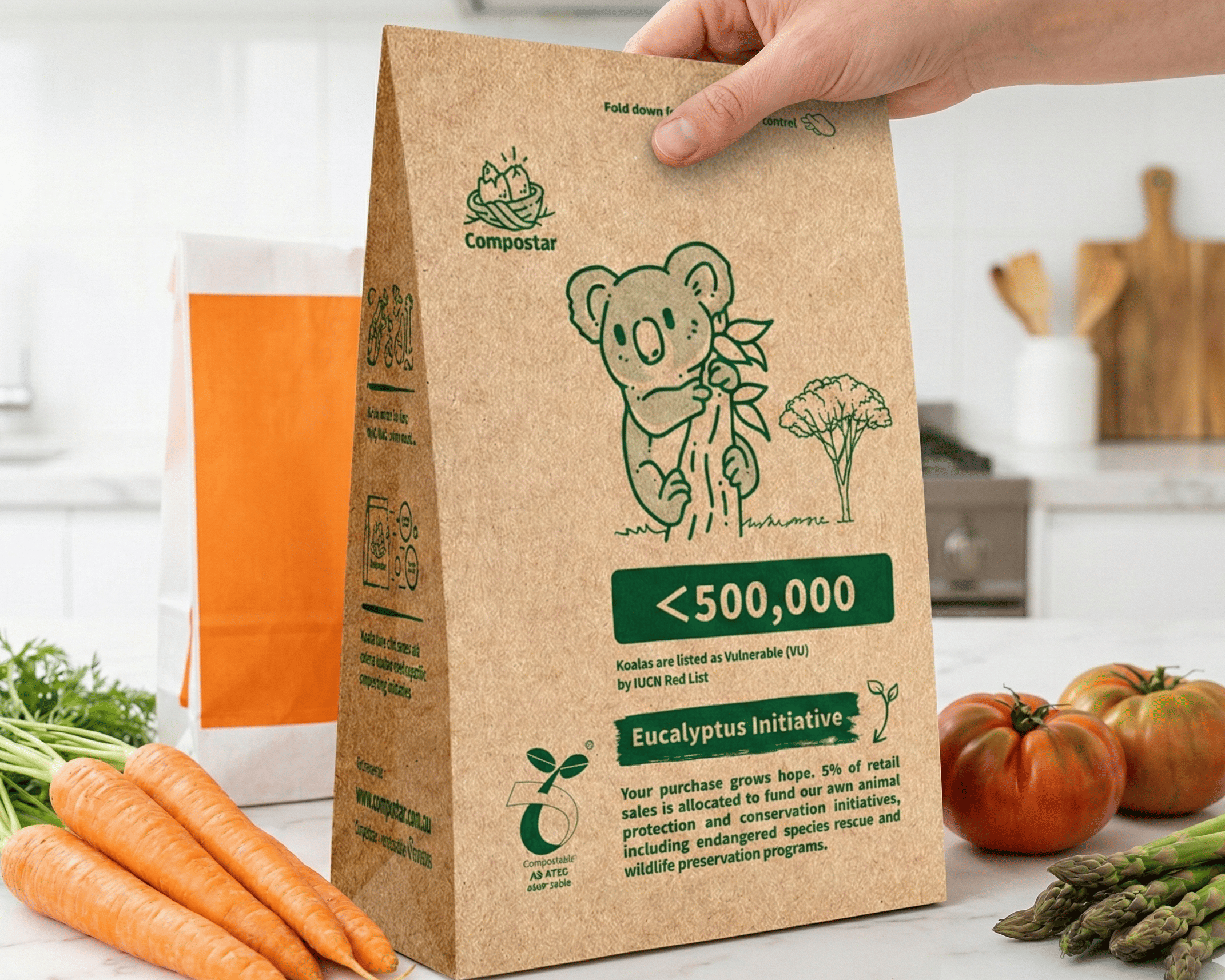 A leak-proof kraft paper FOGO bag sitting on a clean wooden kitchen bench, filled with wet summer food scraps. The benchtop underneath is completely dry, showing no signs of bin juice or mess.