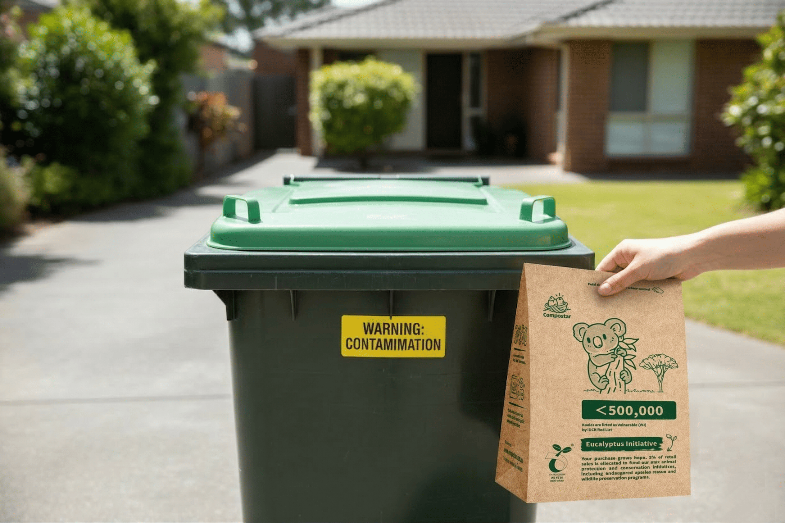 Rejected green FOGO bin with warning sticker vs Compostar paper bin liner NSW Victoria.