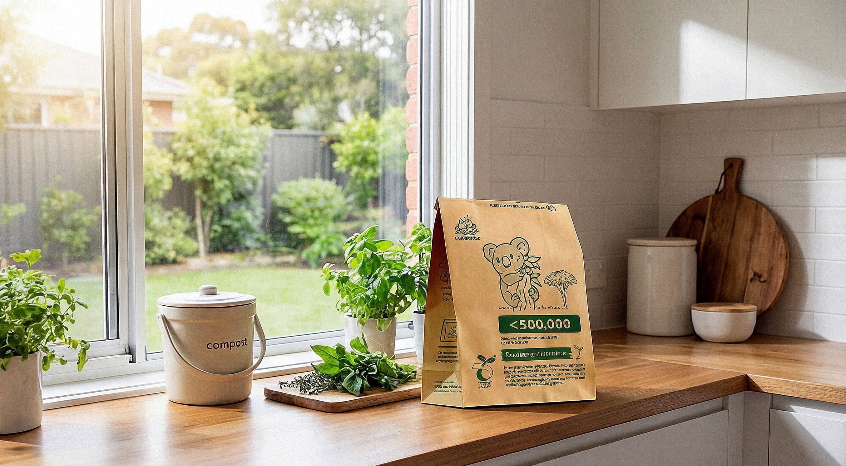 Strong, leak-proof Compostar paper FOGO bag standing upright on a kitchen benchtop, filled with wet food scraps but leaving no mess or bin juice.