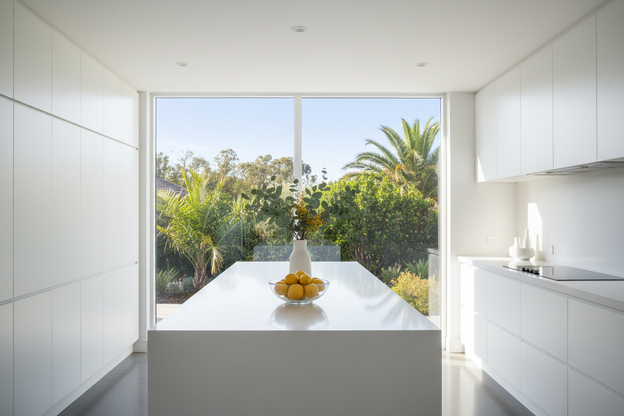 A clean, odor-free modern Australian kitchen in summer, representing successful FOGO waste and bin smell management.