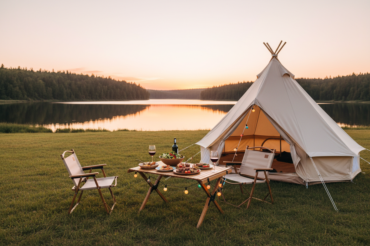 A scenic camping setup by a lake in SA, showing the perfect environment for using self-standing paper small bin liners and food scrap bags outdoors.