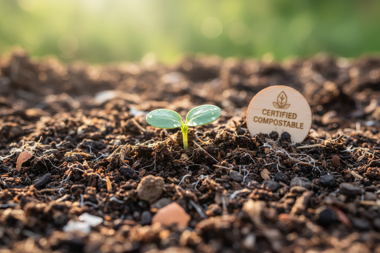 Rich compost soil with a green seedling, representing the end result of using AS 4736 certified compostable FOGO bags in Australia.