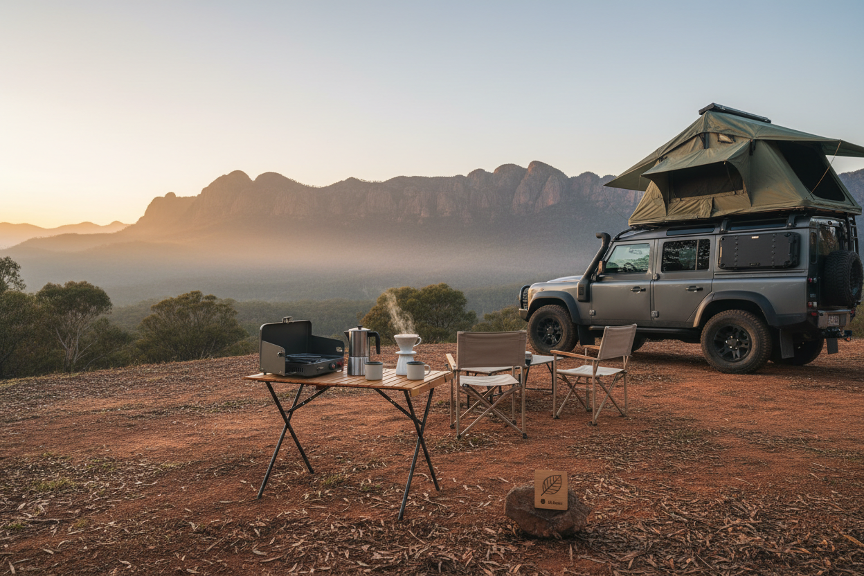 Pristine Australian camping setup in the Grampians showcasing Leave No Trace food waste management principles.