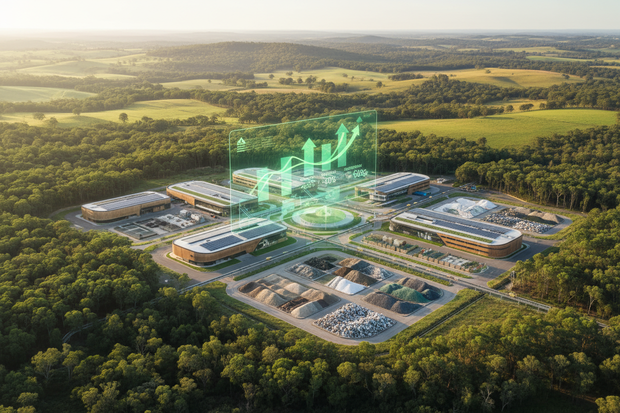 Professional data visualization of FOGO waste diversion and landfill crisis impact on Australian landscape and waste management infrastructure.