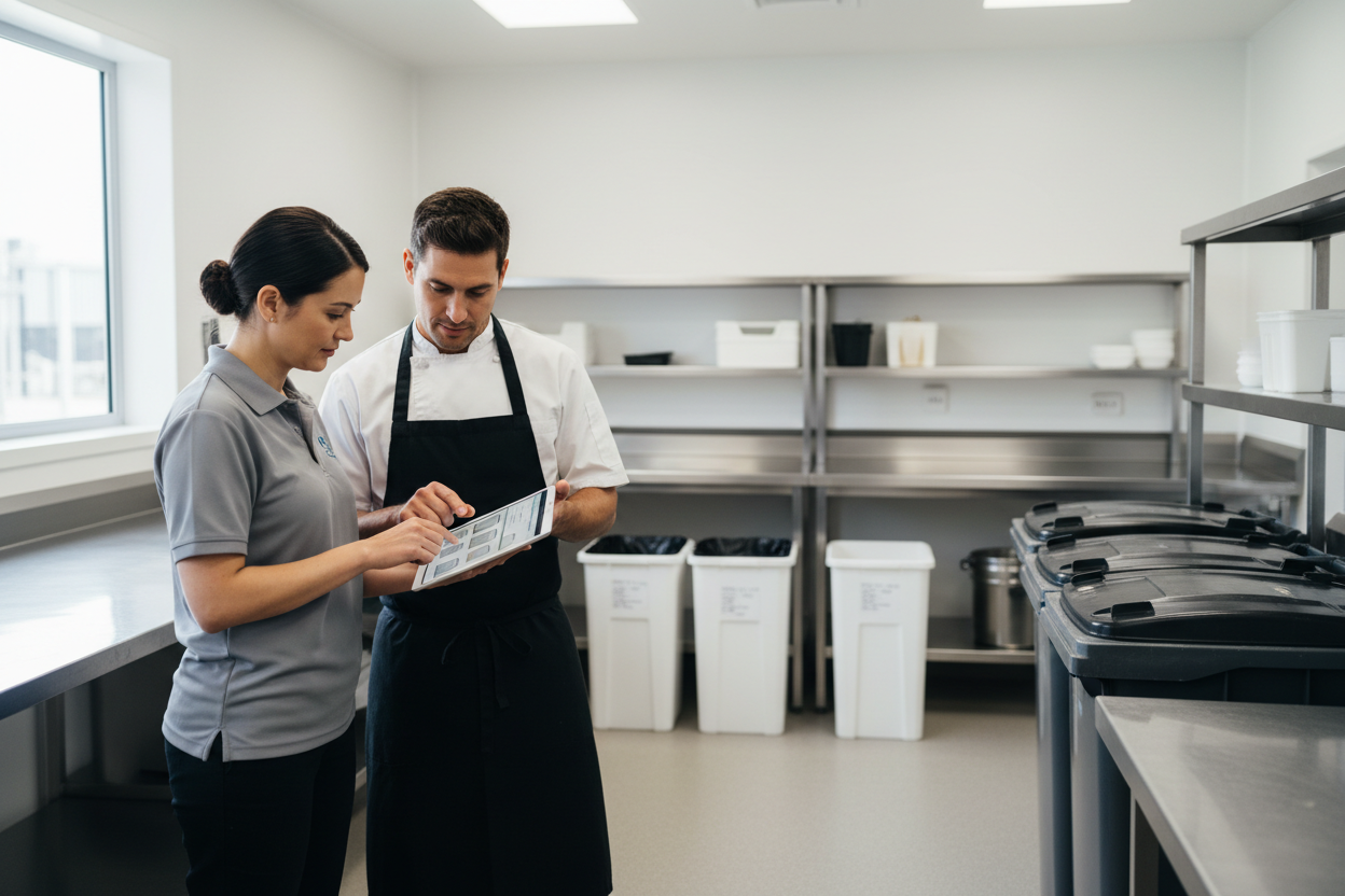 Commercial kitchen team reviewing wholesale compostable bin liner supplier and food waste setup