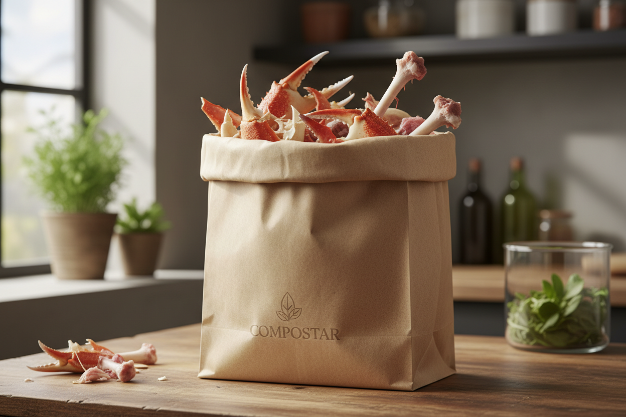 Self-standing paper caddy liners holding sharp seafood shells on a kitchen bench. These puncture-resistant, Leak-Proof bin liners are durable eco bin bags for Food Scrap Bags and FOGO Bin Liners.