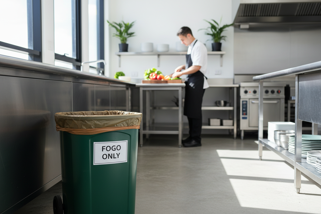 Professional commercial kitchen using Compostar AS 4736 certified compostable bin liners to comply with NSW 2026 FOGO recycling mandates.