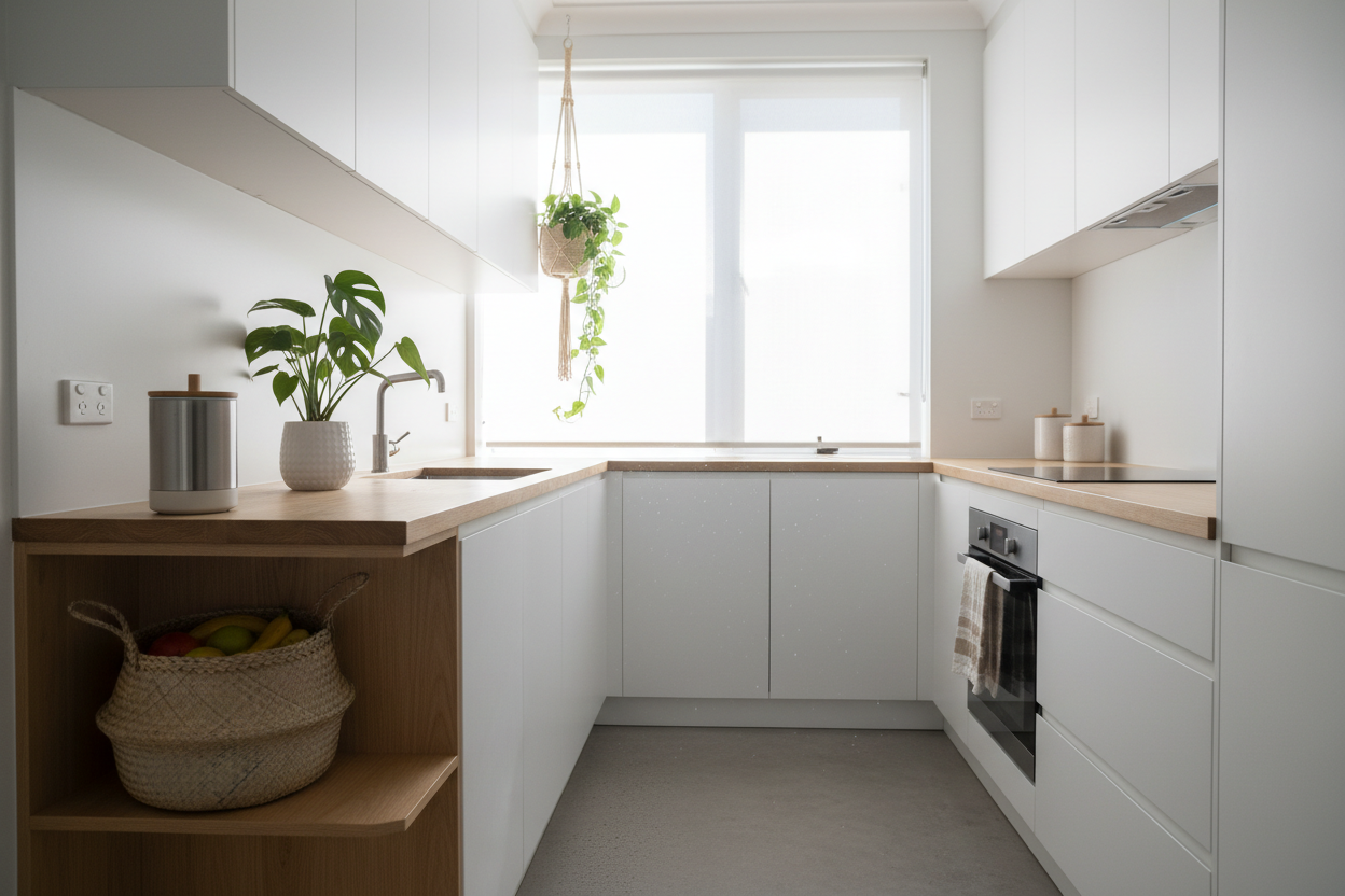 Minimalist apartment kitchen in Australia featuring a benchtop FOGO caddy and leak-proof paper bag on a stone countertop.