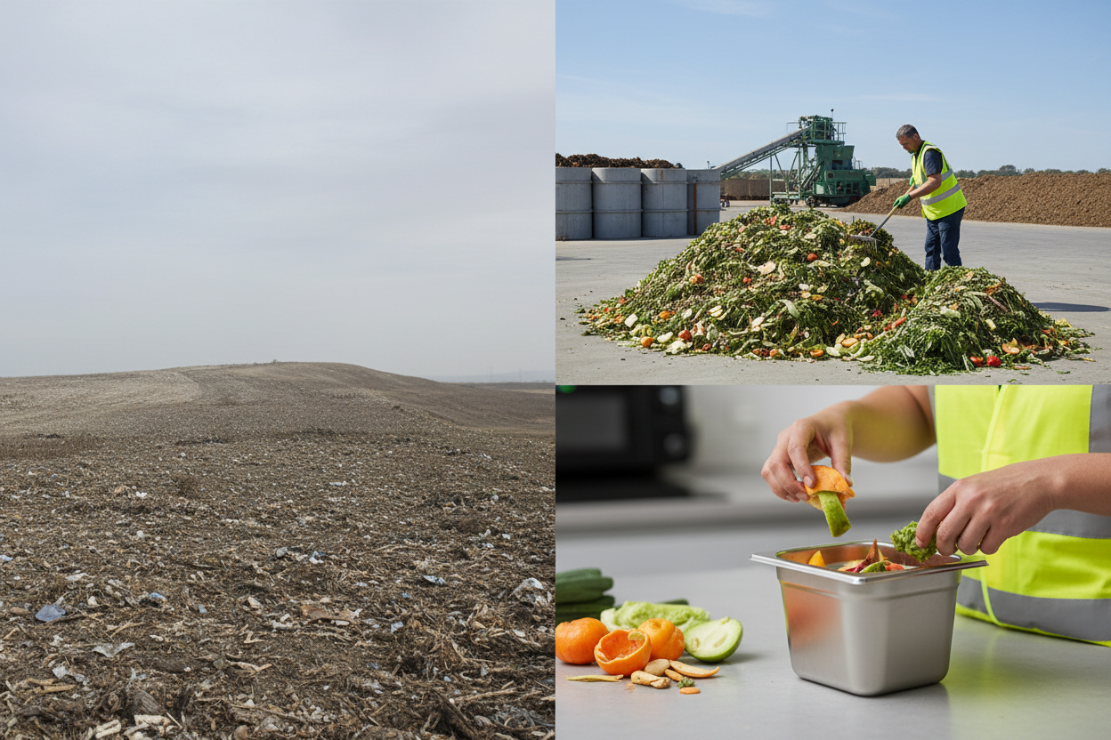 Certified compostable food waste collection concept showing landfill diversion and organics recycling compliance
