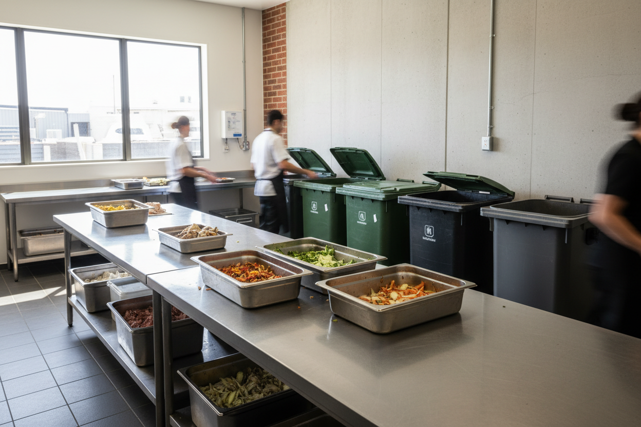 Commercial kitchen food waste setup showing caddies and wheelie bins for heavy duty compostable bin liner use