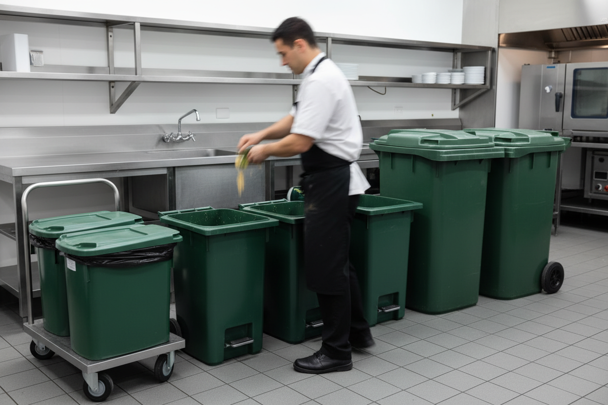 NSW commercial kitchen food waste separation area with 80L 120L and 240L bin setup for FOGO preparation