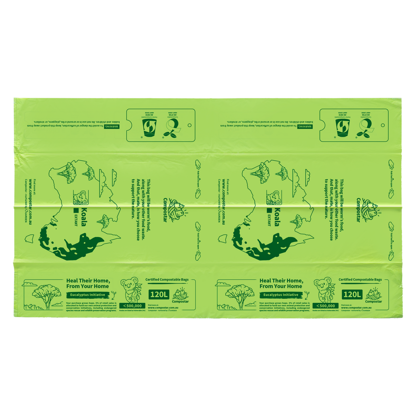 This rubbish bag is certified compostable. Made from plant-based compostable materials that safely decompose and are suitable for approved councigreen bin / FOGO programs