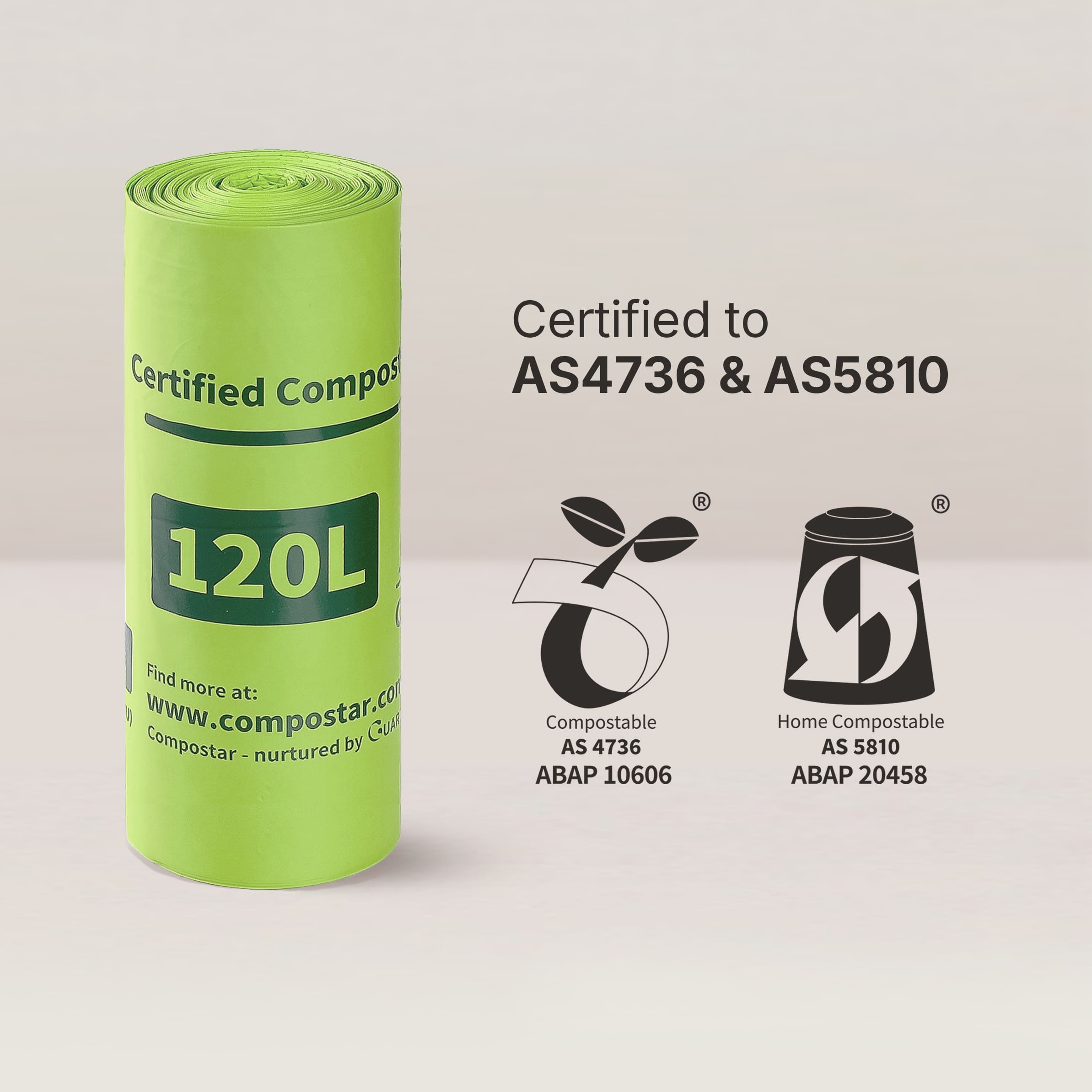 120L compostable film liners certified to AS 4736 and AS 5810