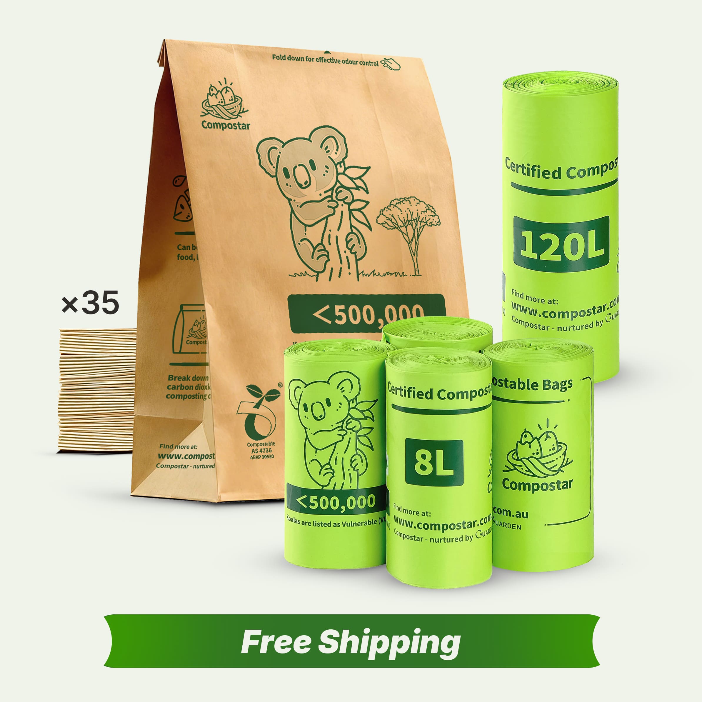 Compostar Ultimate FOGO Bundle with Free Shipping. Includes 35x self-standing paper bags, 4x 8L cornstarch rolls, and 1x 120L wheelie bin liner. Certified compostable AS 4736 for Australian green bins.