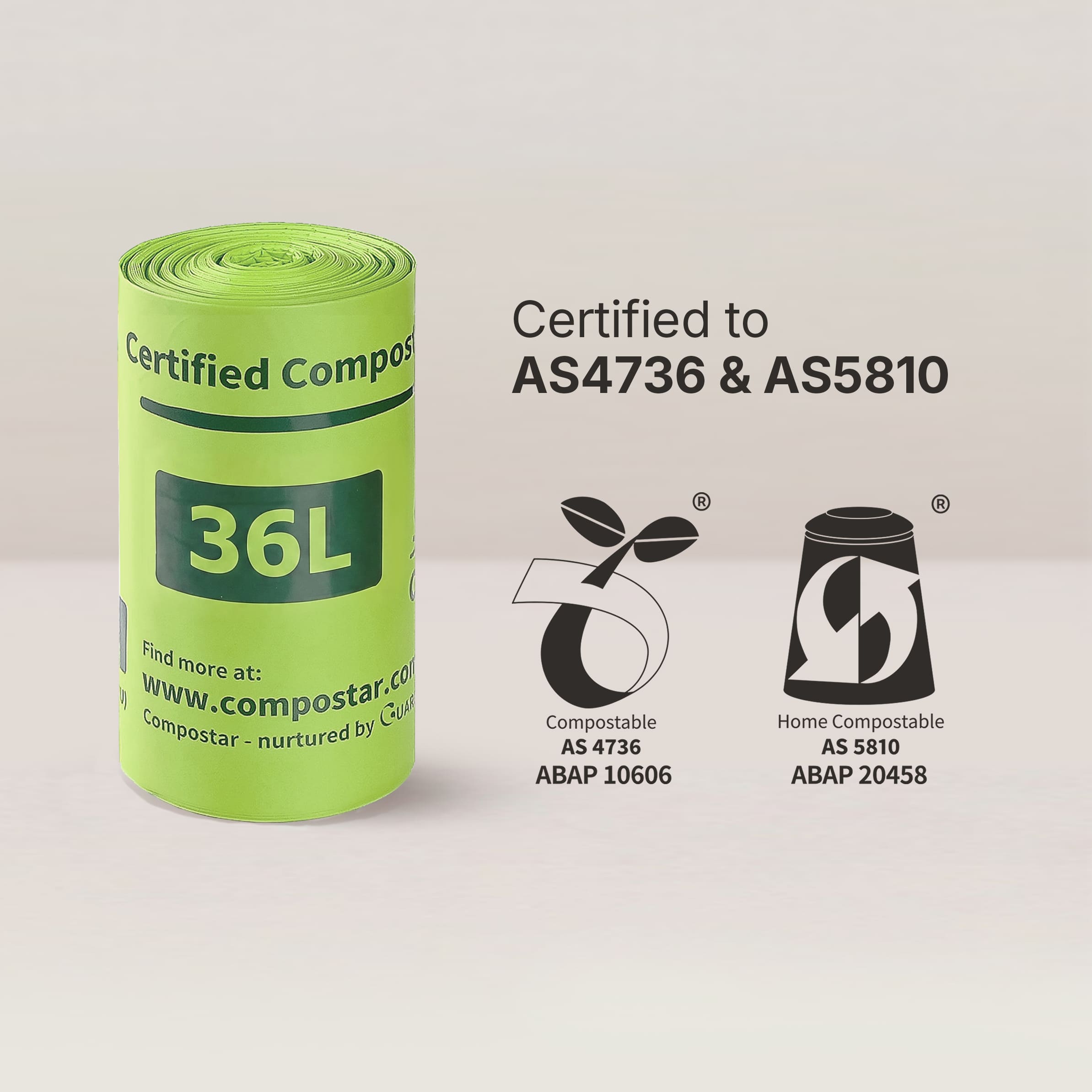 36L compostable film liners certified to AS 4736 and AS 5810