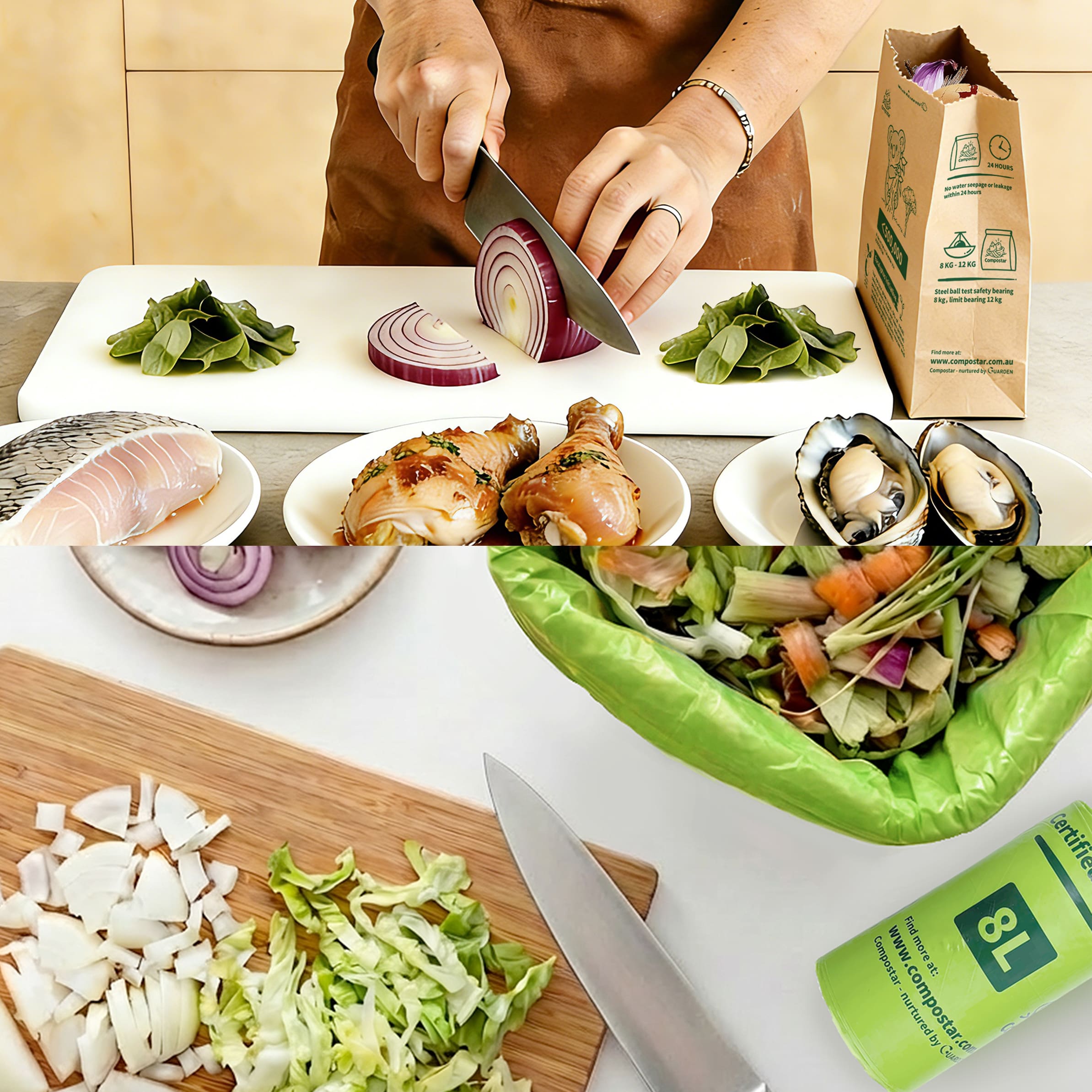 Compostable kitchen bundle usage Paper caddy liners for food prep, 8L small bin liners for vegetable scraps.