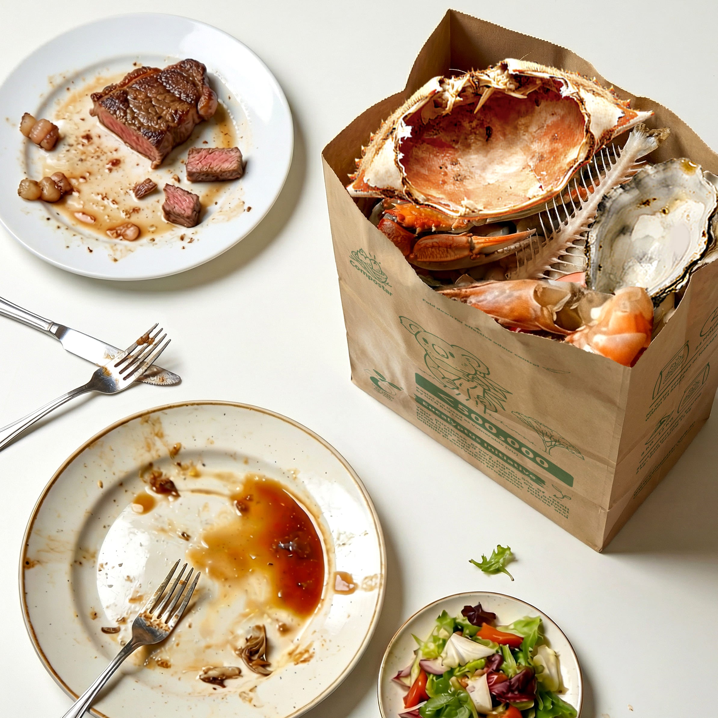 Lifestyle view of Leak-Proof self-standing paper bags on kitchen counter holding food scraps. Serves as Eco Friendly Bin Liners & eco bin bags. The perfect FOGO Bin Liners solution, acting as Organics Bin Liners for council bins & Green bin bags Council disposal.