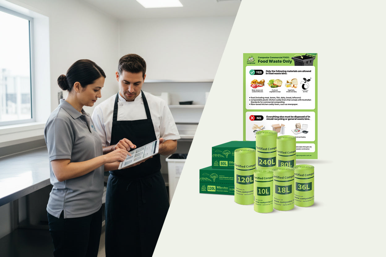 Business buyer reviewing Compostar wholesale compostable bin liners and commercial food waste signage for kitchen FOGO setup