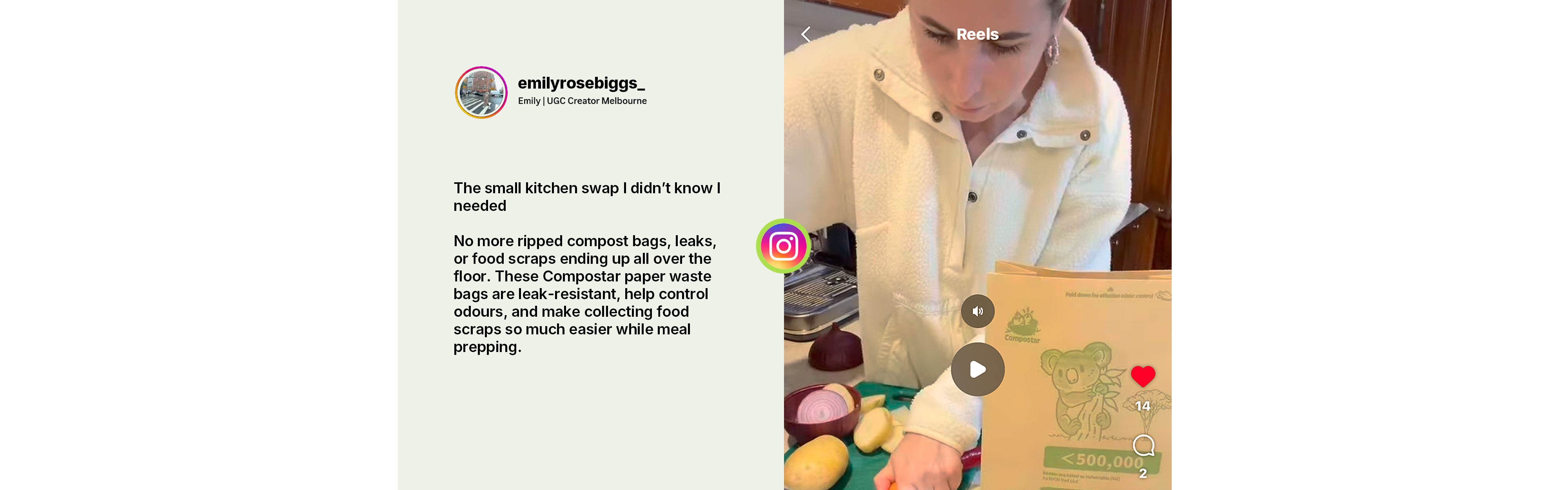 Melbourne UGC creator Emily using leak-resistant CompoStar paper waste bags to control odours while meal prepping.