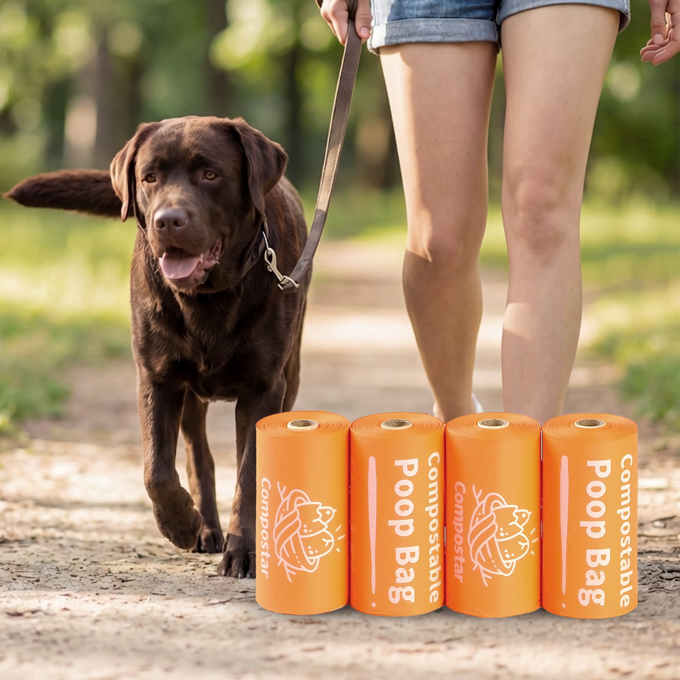 Walking dog with orange compostable dog poop bags in an Australian park