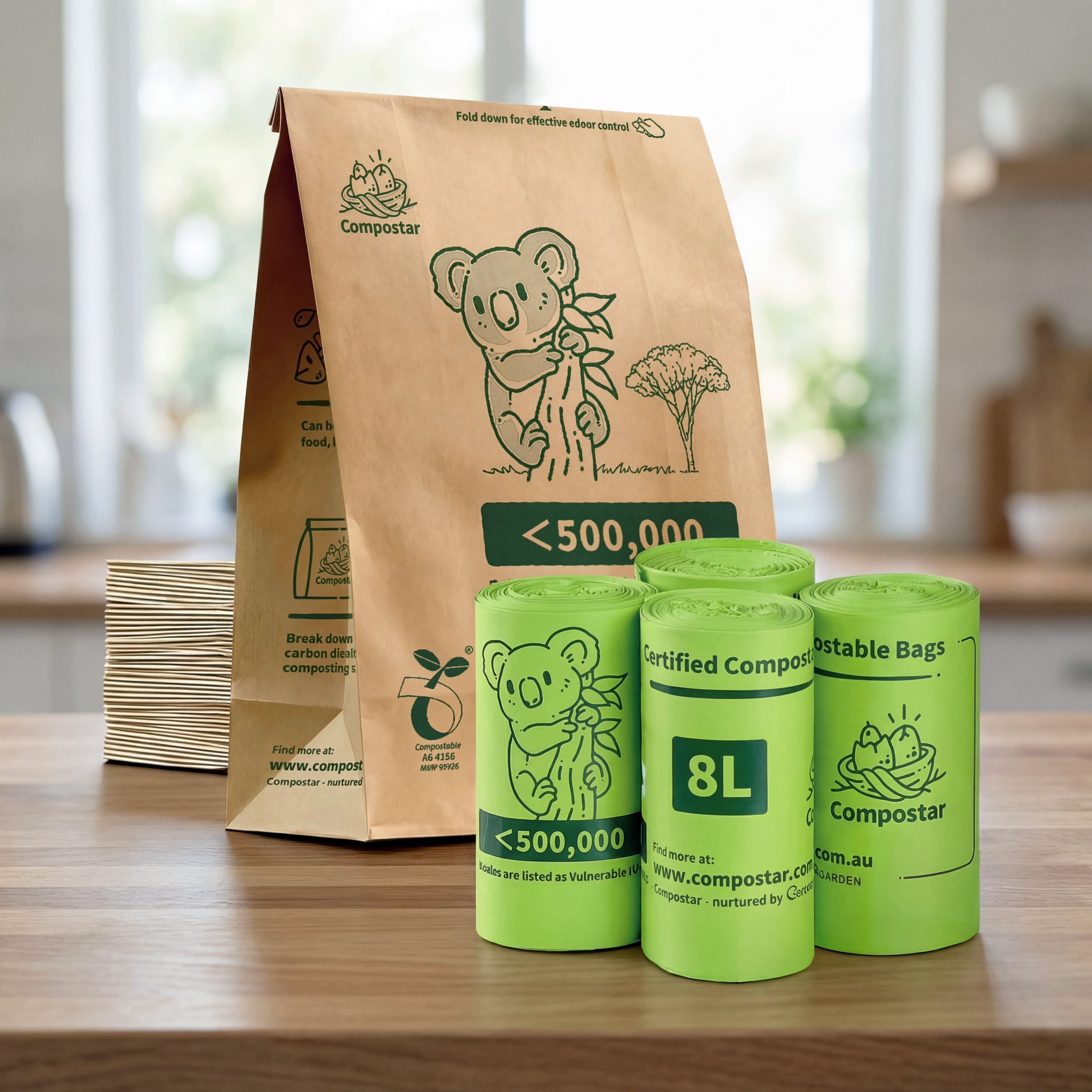 Robust compostable FOGO bundle: 35-pack 72hr waterproof paper bags and 4 rolls of 8L film liners