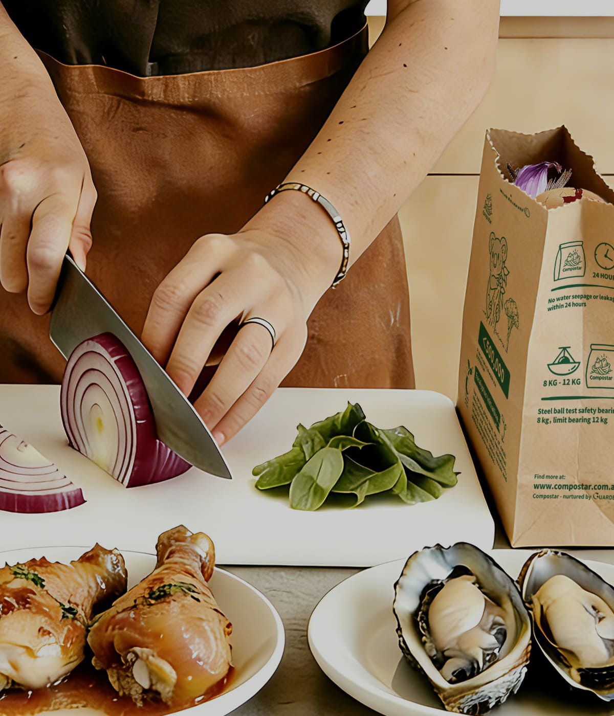 Compostable paper kitchen caddy liner standing on counter during food prep - Australia's toughest bin liners.