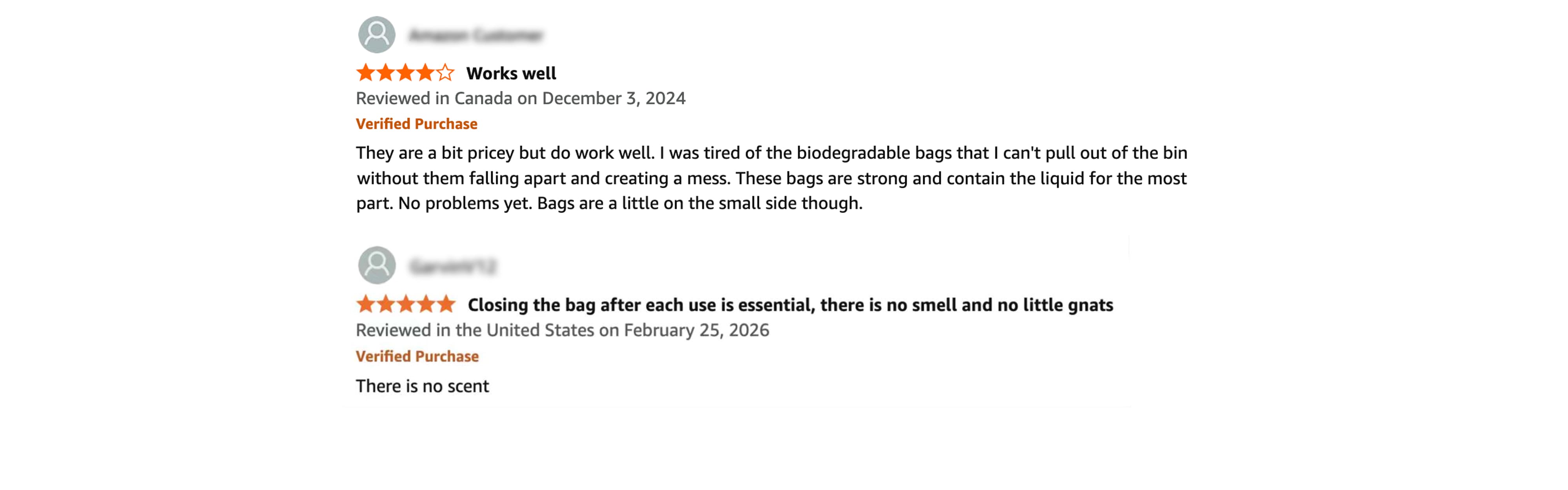 Customer feedback highlighting how Compostar durable bags contain liquids and prevent foul smells and gnats, unlike standard biodegradable bags that easily fall apart.