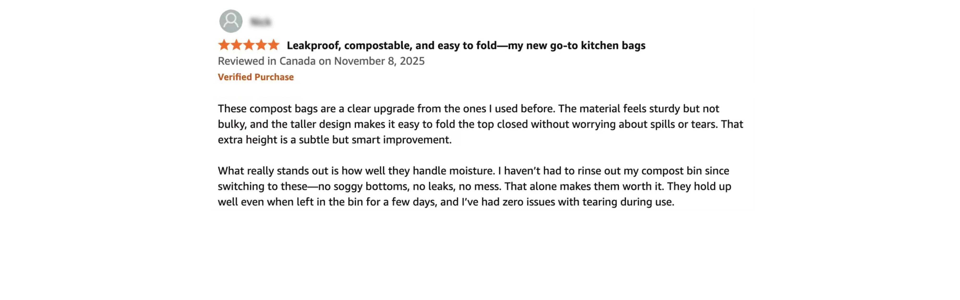 A 5-star review for Compostar FOGO bags detailing the taller design, superior moisture control, and tear resistance that prevents soggy bottoms and messy leaks.