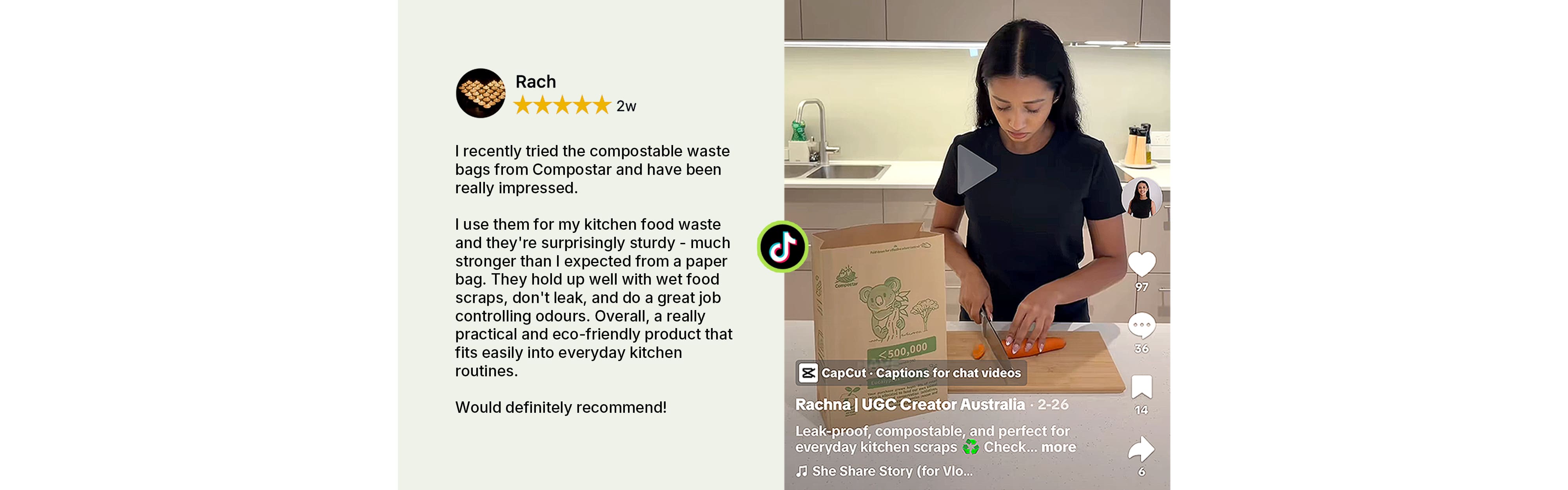Australian UGC creator Rach review of Compostar sturdy leak-proof paper bags for kitchen food waste and odor control.
