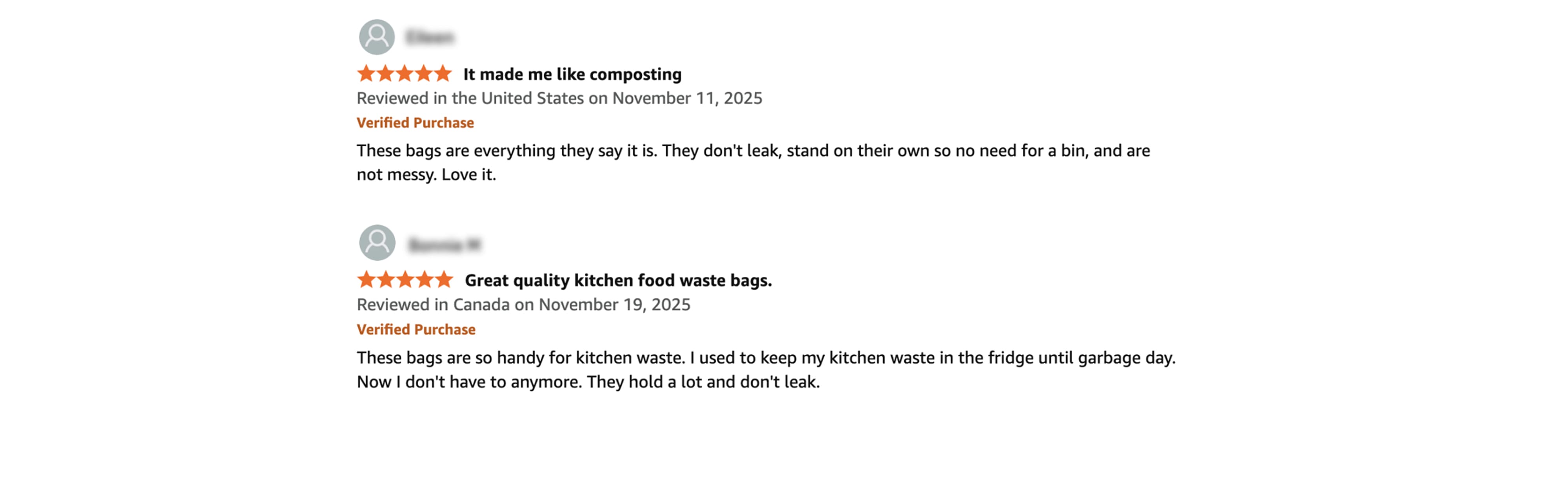 Verified customer reviews praising Compostar leak-proof compost bags for being self-standing and eliminating the need to store kitchen food waste in the fridge.