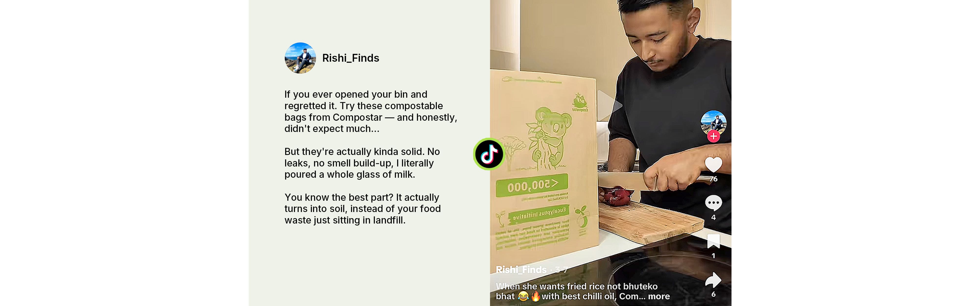 TikTok creator review by Rishi_Finds demonstrating the extreme leak-proof quality of Compostar paper bags. He highlights pouring a whole glass of milk with zero leaks or smell build-up, praising how the bags turn into soil instead of landfill waste.