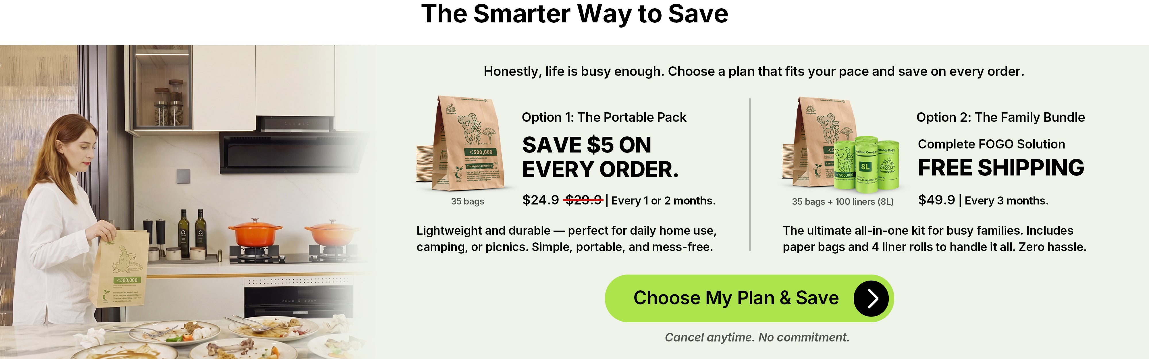 Comparison of Compostar subscription plans: Option 1 Portable Pack with $5 savings and Option 2 Family Bundle with free shipping and 4 bonus liner rolls.