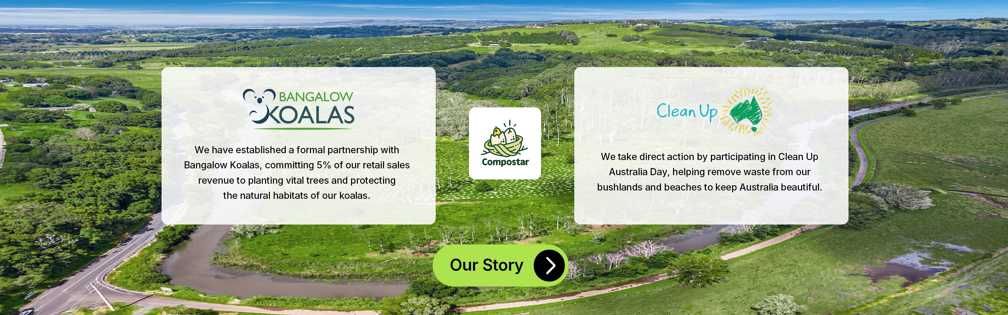 Compostar sustainability story: Formal partnership with Bangalow Koalas and Clean Up Australia participation.