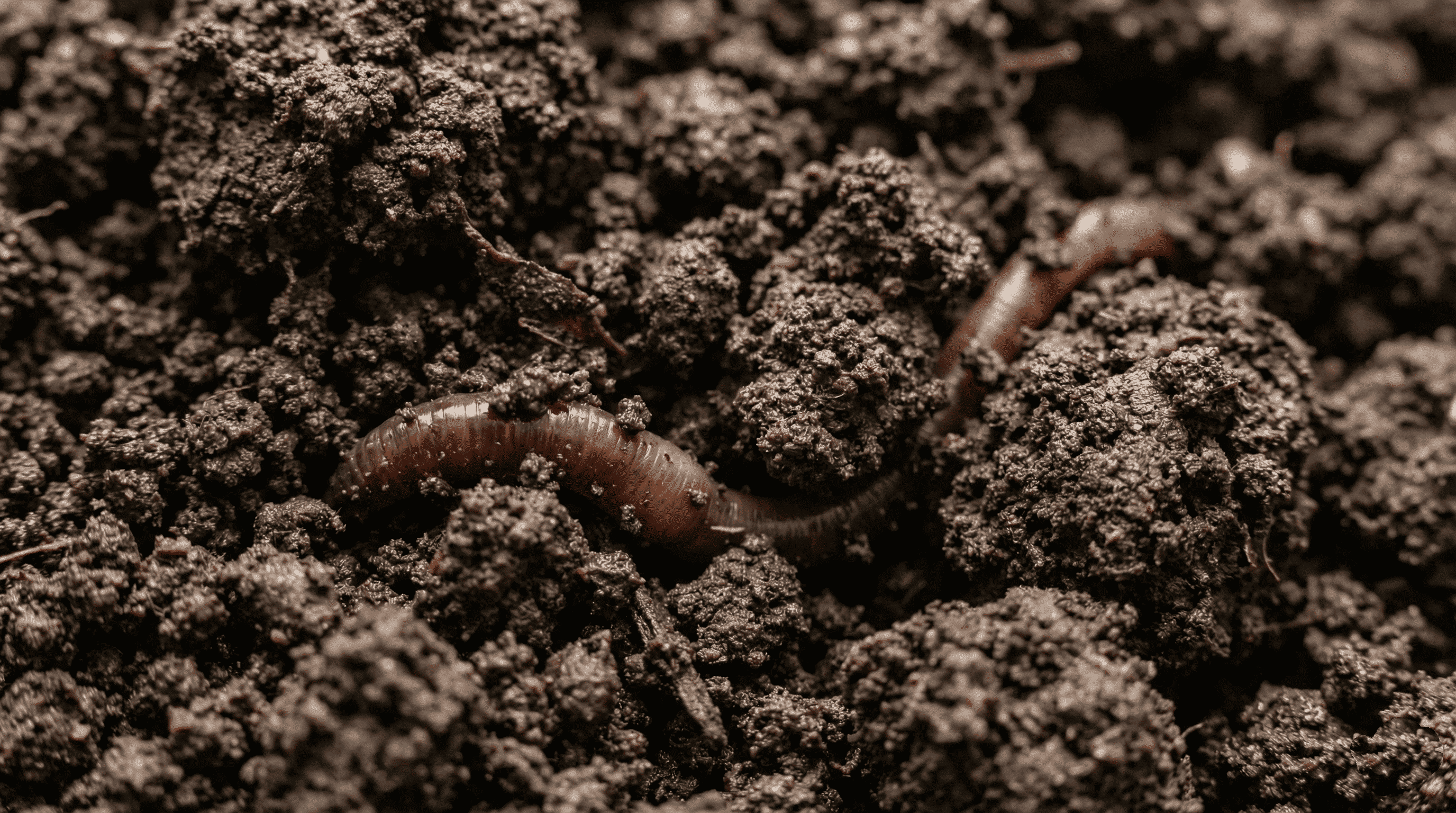 Macro photography of healthy dark garden soil with an earthworm, showing zero microplastics left behind by AS4736 certified compostable bags.