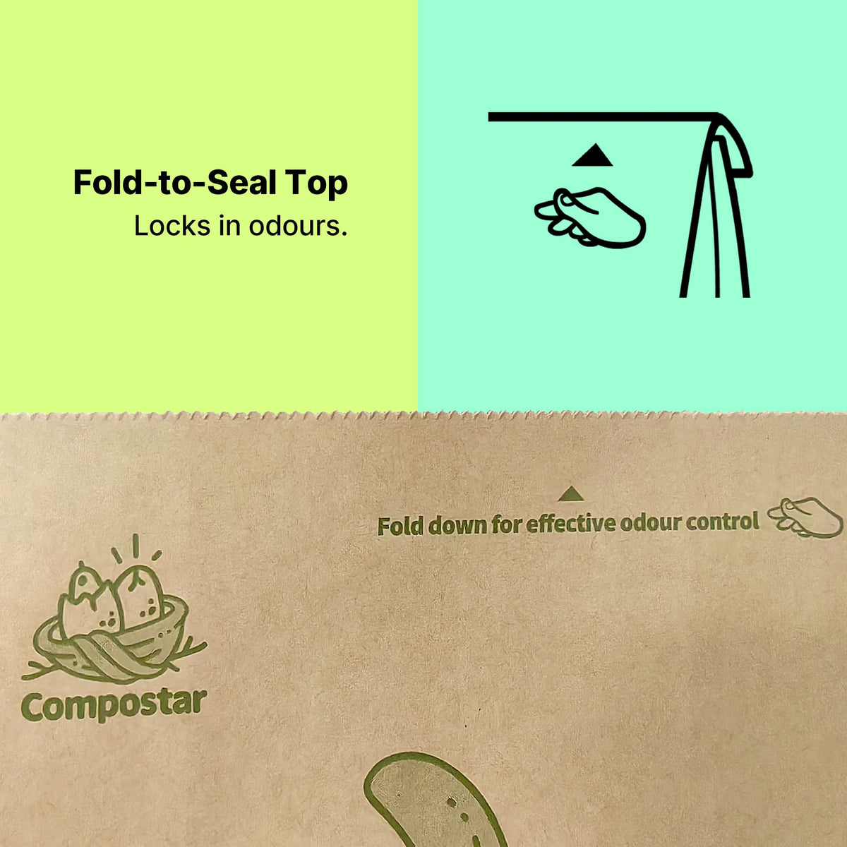 Fold-to-seal compostable paper liners to lock odors in FOGO bins