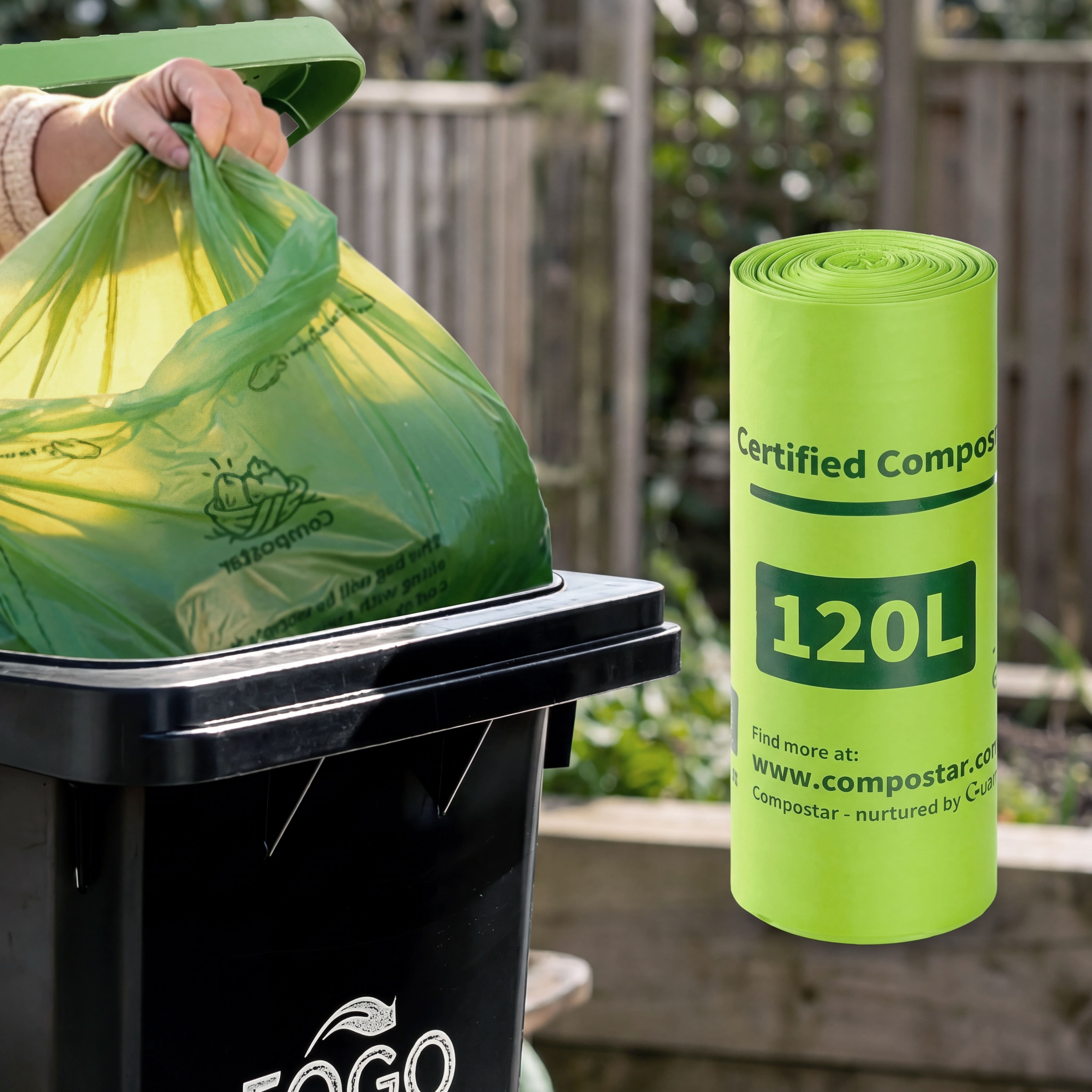 Robust 120L compostable wheelie bin liners for large council FOGO green bins