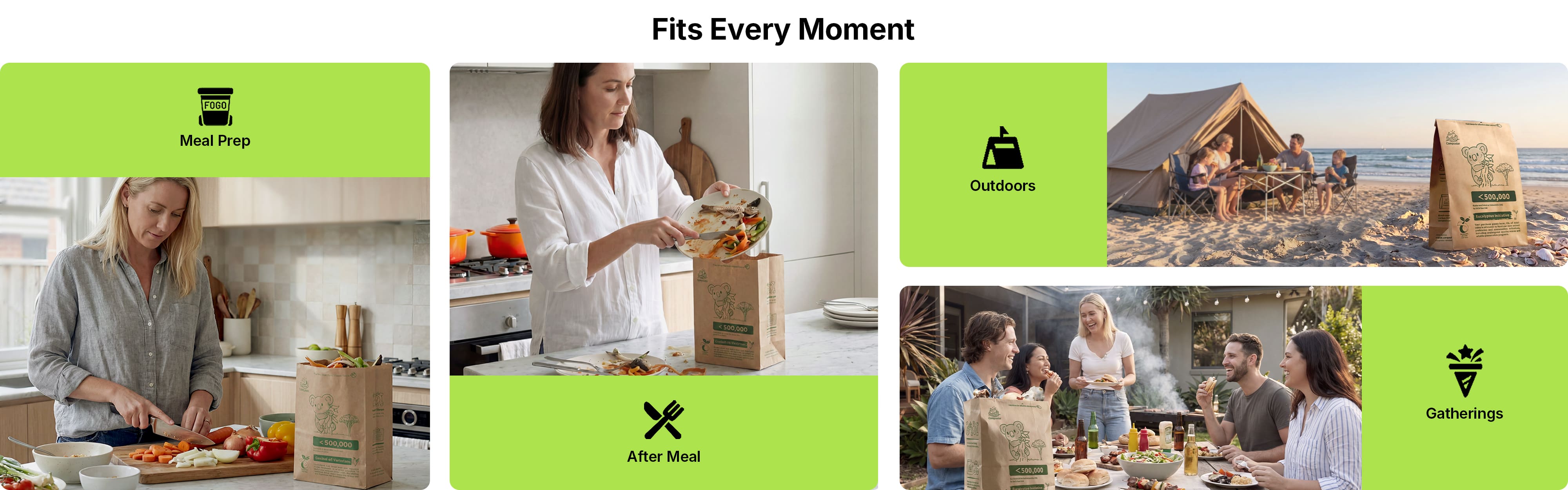 Robust compostable paper FOGO bags for every moment: meal prep, after-meal cleanup, family gatherings, and camping in Australia.