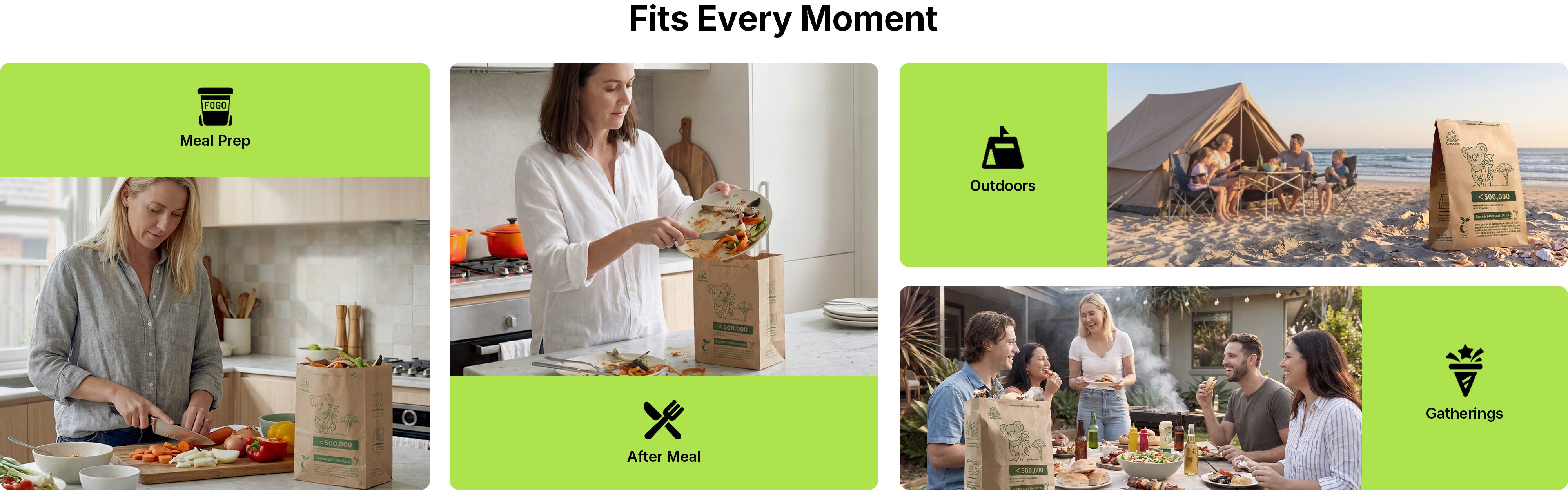 Robust compostable paper FOGO bags for every moment: meal prep, after-meal cleanup, family gatherings, and camping in Australia.