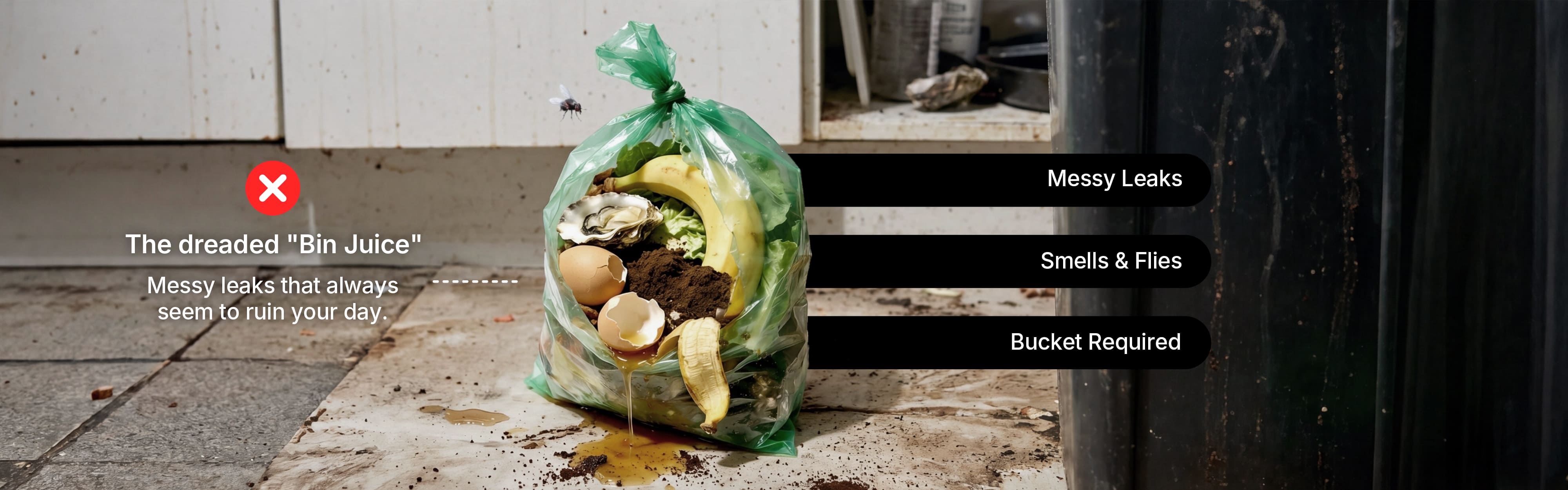 Comparison showing a robust compostable paper liner vs a traditional messy plastic bag