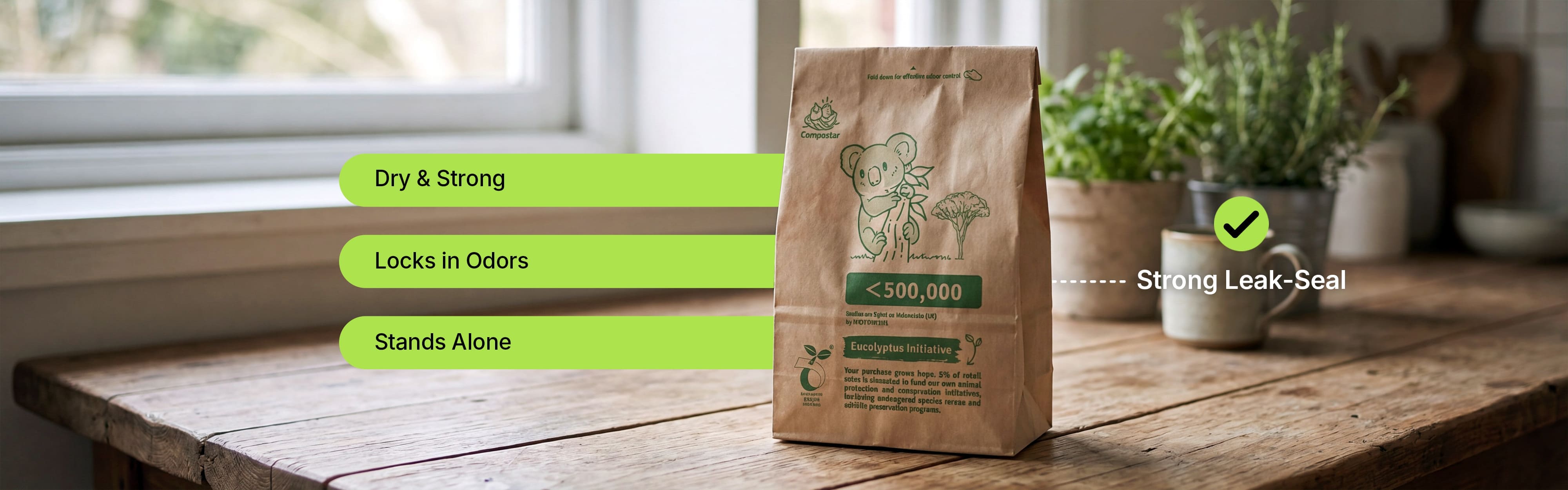 Self-standing compostable paper kitchen bags for easy food scrap collection on benchtop