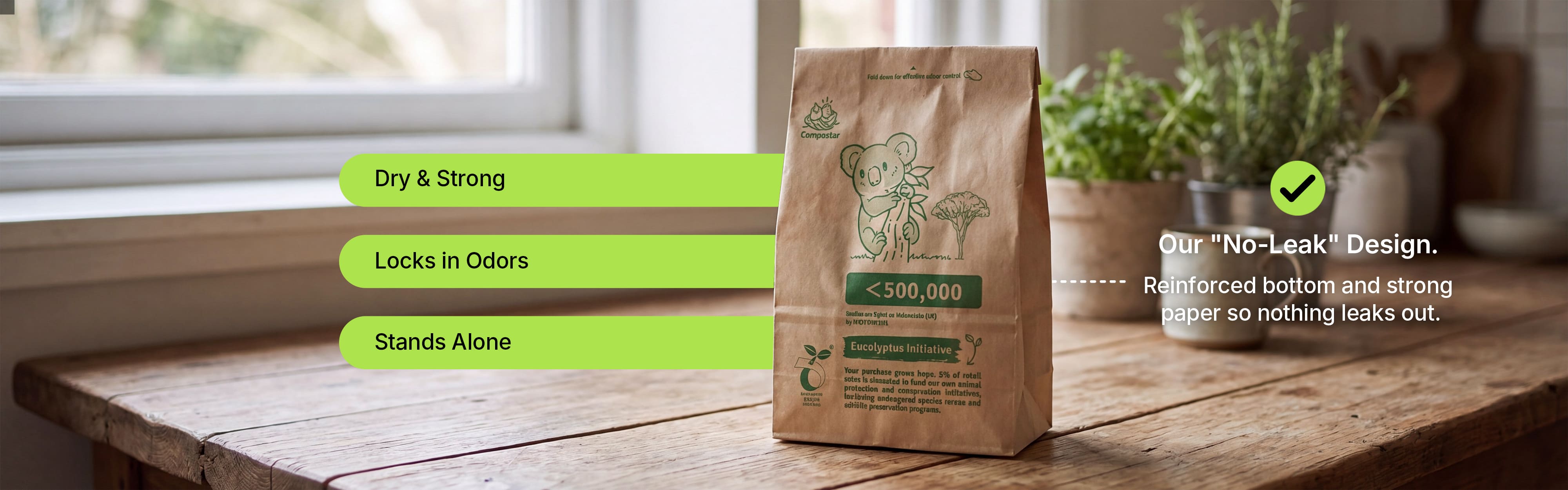 Self-standing compostable paper kitchen bags for easy food scrap collection on benchtop