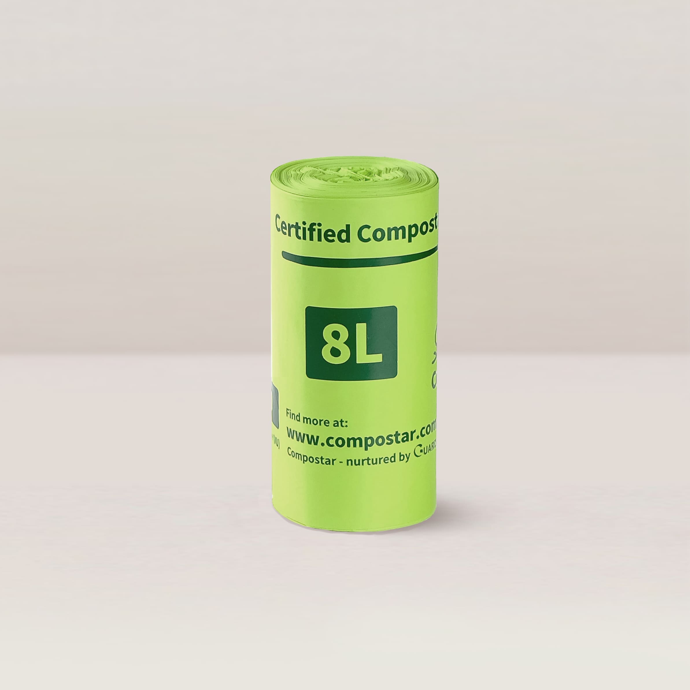 A roll of small 8L compostable food scrap bags for easy kitchen waste collection