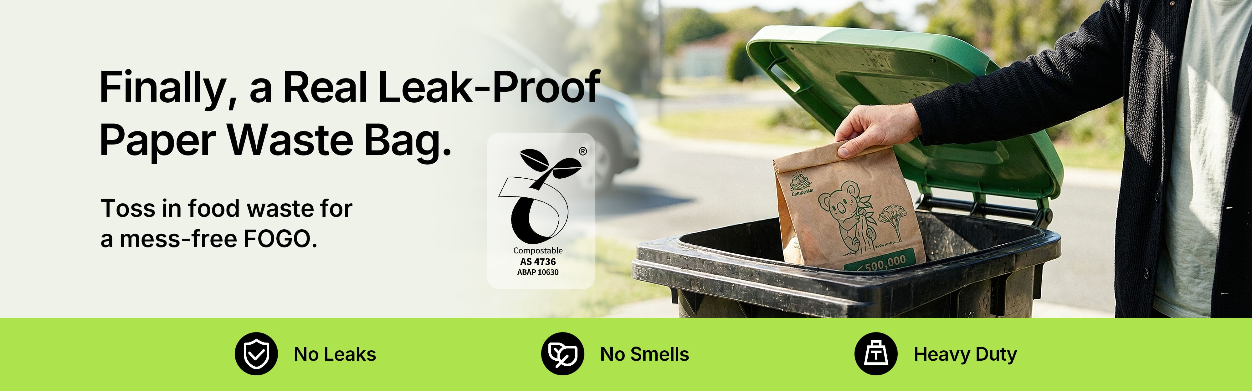 Australia's strongest compostable bin liners: Robust 72-hour waterproof paper bags for FOGO