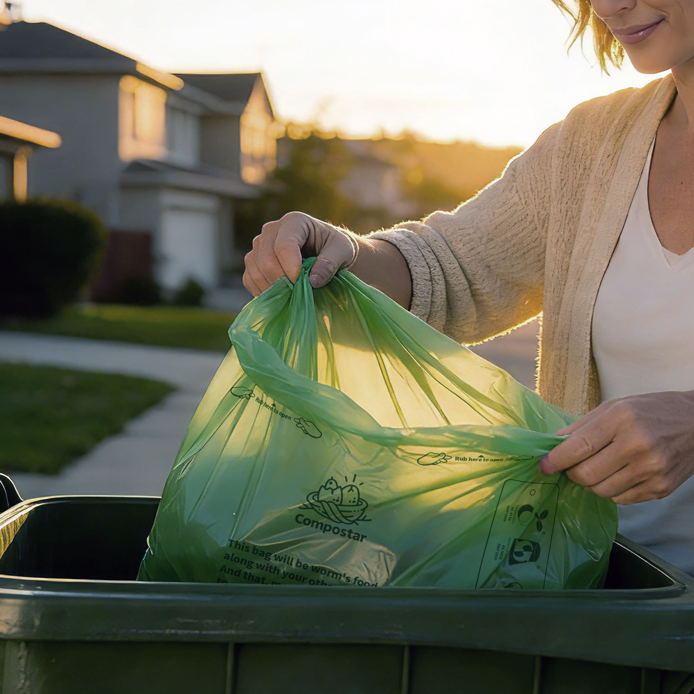 Tear-resistant 120L FOGO bin liners being fitted into a residential green bin