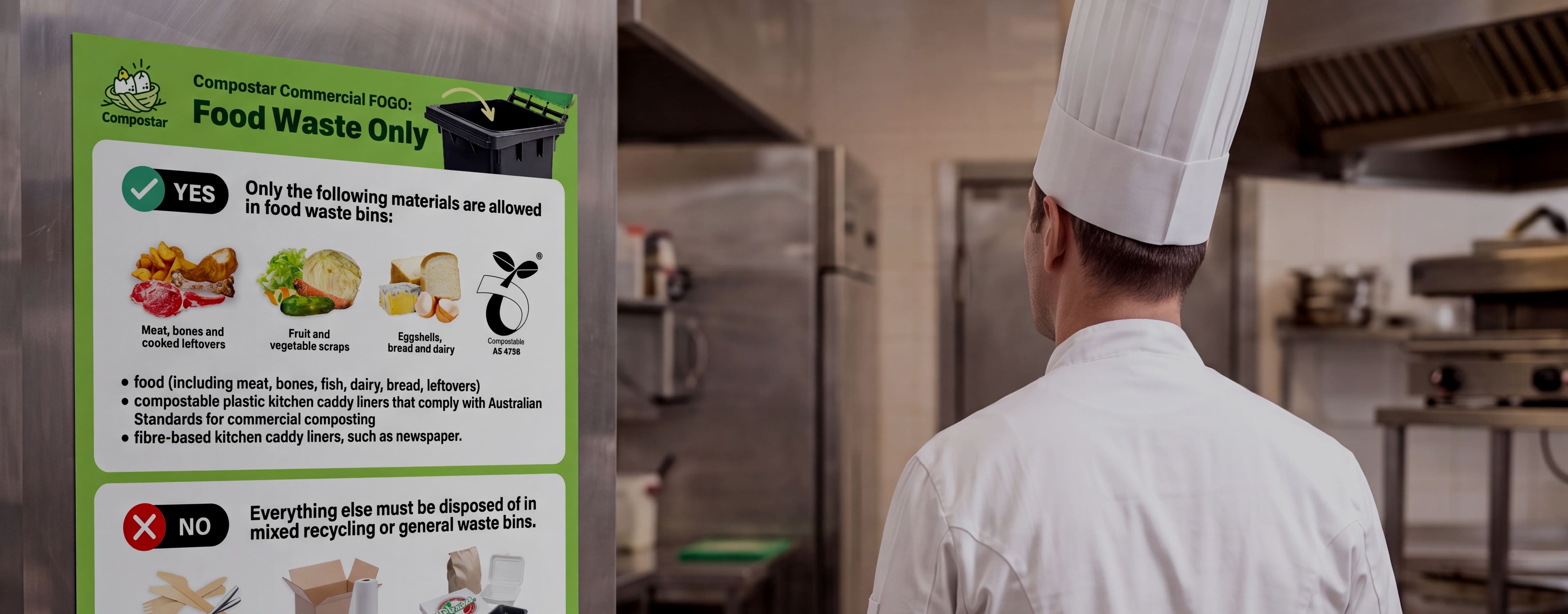 Commercial kitchen food waste signage showing accepted food scraps and excluded packaging in NSW