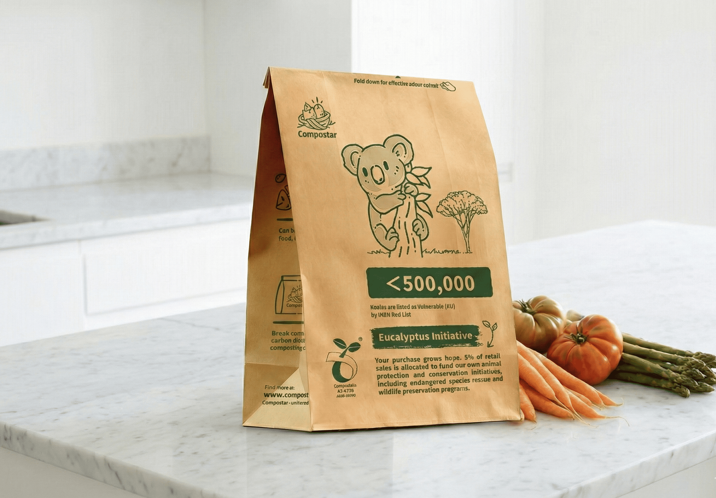 Compostar 5L self-standing paper food scrap bag on a clean marble kitchen benchtop next to fresh vegetables. Leak-proof and plastic-free FOGO solution.
