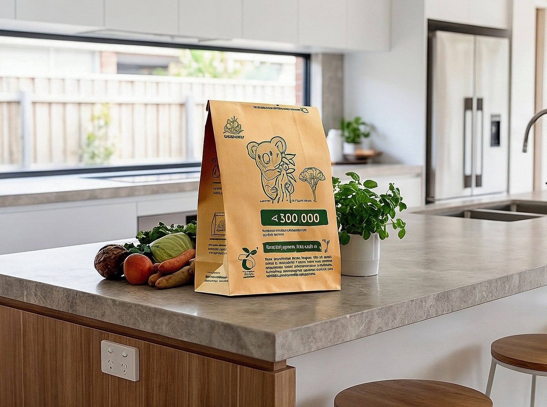Self-standing paper caddy liners holding sharp seafood shells on a kitchen bench. These puncture-resistant, Leak-Proof bin liners are durable eco bin bags for Food Scrap Bags and FOGO Bin Liners.